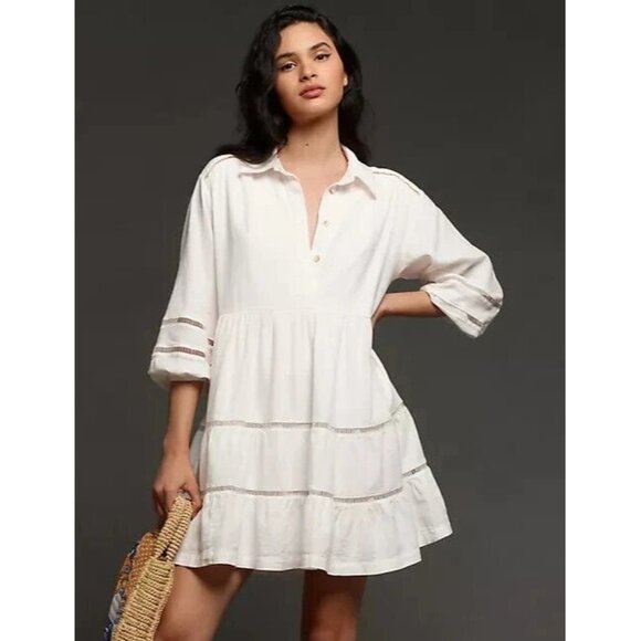 Maeve Bettina Tiered Shirt Dress Ivory XL Anthropologie Linen Blend Mini New
